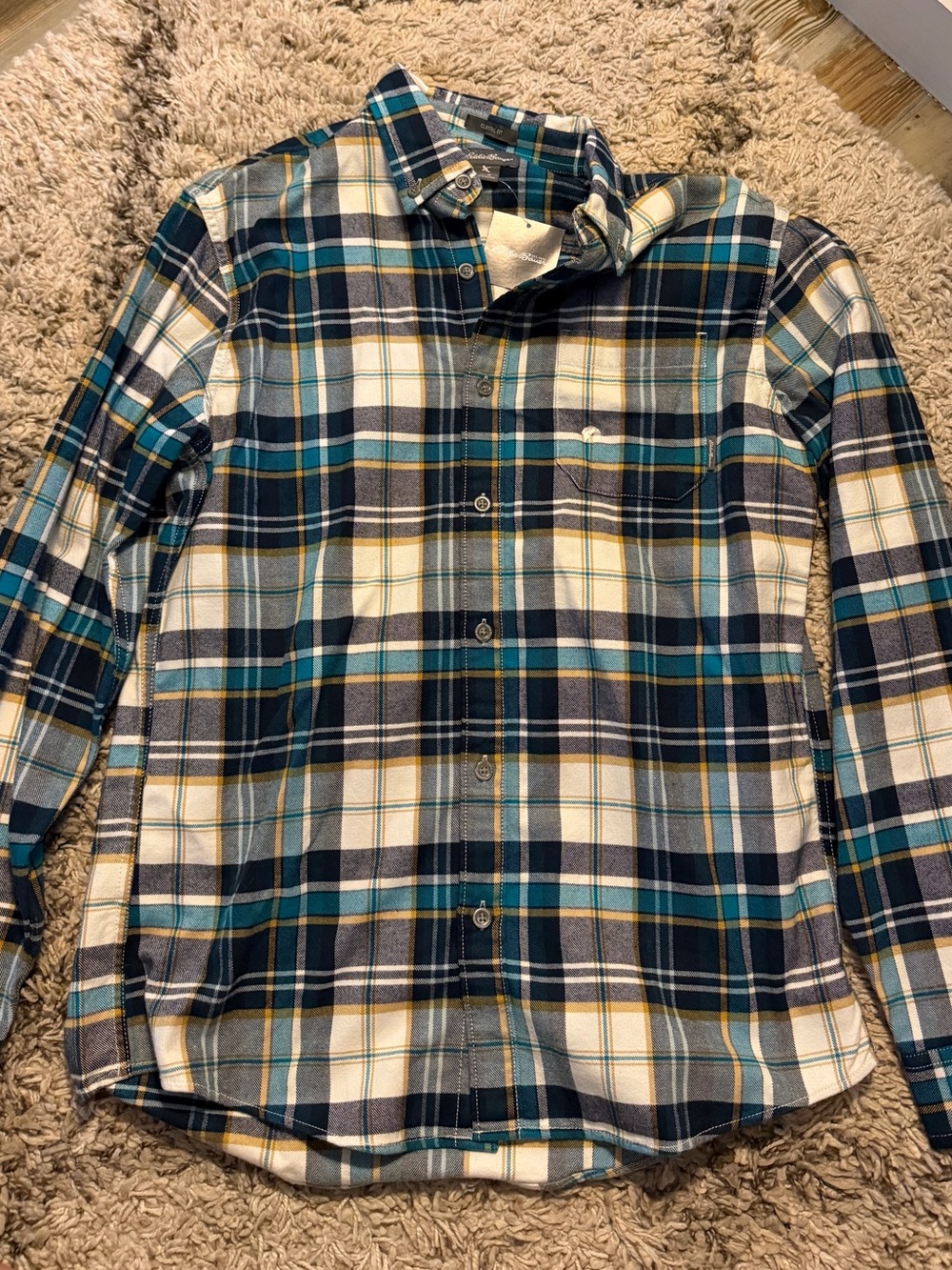 Men's Eddie Bauer Plaid Flannel Button-Up Shirt - Teal, Navy & White